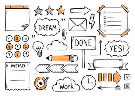 Bullet journal hand drawn element set, sticker, planner label. Doodle sketch scribble style. Bullet journal vector illustration for diary decorationのイラスト素材