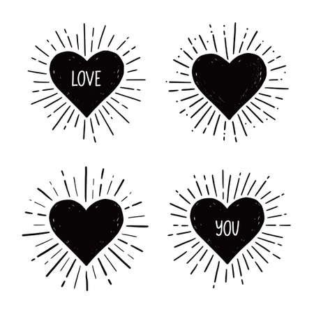 Heart with love text. Hand drawn sketch style. Heart vector illustration for sunburst frame, love quoteのイラスト素材