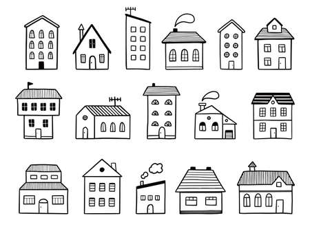 House doodle set. Hand drawn sketch style. House building with roof. Vector illustration for home icon, village, city element.のイラスト素材