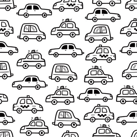 Car pattern. Doodle sketch style seamless background. Hand drawn toy car vector illustration for baby texture, print.のイラスト素材