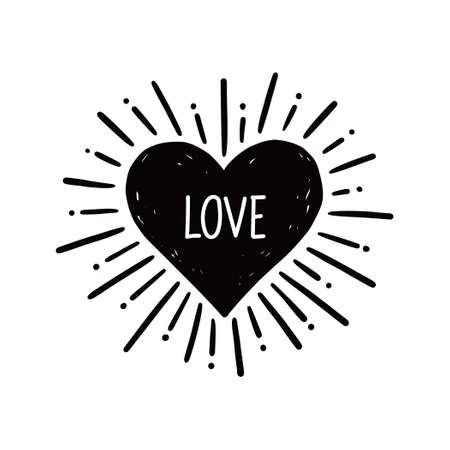 Heart with love text. Hand drawn sketch style. Heart vector illustration for sunburst frame, love quoteのイラスト素材