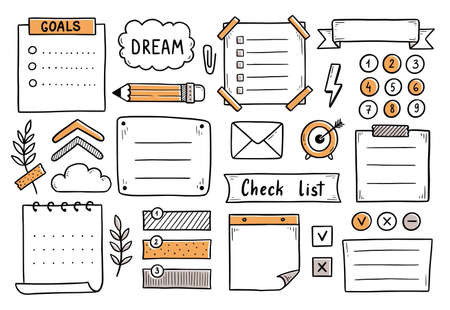 Bullet journal hand drawn element set, sticker, planner label. Doodle sketch scribble style. Bullet journal vector illustration for diary decorationのイラスト素材