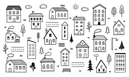 Hand drawn cute house. Doodle sketch style town. House building with roof. Vector illustration for village, city background.のイラスト素材