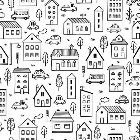 House pattern. Doodle sketch style seamless background. Hand drawn home with roof vector illustration for texture, print.のイラスト素材