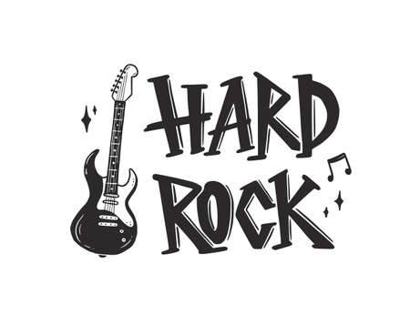 Hand drawn electric guitar with rock text. Doodle sketch style. Drawing line simple guitar poster. Isolated vector illustration.のイラスト素材