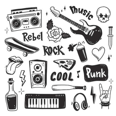 Rock n roll, punk music doodle set. Graffiti, tattoo hand drawn sticker, text, skull, heart, skate, gesture hand. Grunge rock vector illustration.のイラスト素材