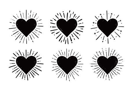 Heart hipster sunburst. Hand drawn sketch style. Black heart vector illustration for grunge frame, love quote.のイラスト素材
