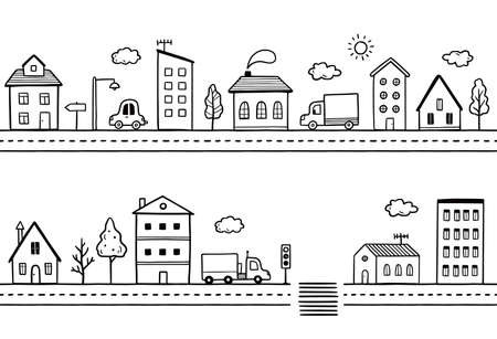 Doodle city street with house. Hand drawn sketch style. House building with roof. Vector illustration for village, town pattern, background.のイラスト素材