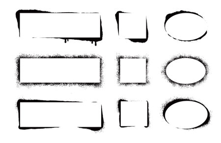 Stencil spray paint frame set. Grunge graffiti style black frame. Isolated vector illustration with drop paint border. Stencil spray effect.のイラスト素材