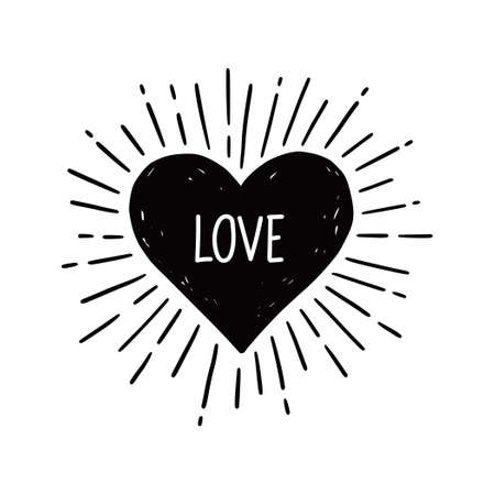 Heart with love text. Hand drawn sketch style. Heart vector illustration for sunburst frame, love quoteのイラスト素材