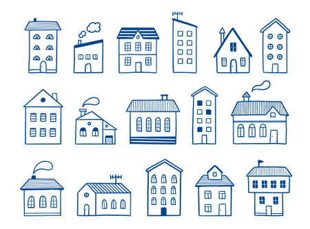 House doodle set. Hand drawn sketch style. House building with roof. Vector illustration for home icon, village, city element.のイラスト素材