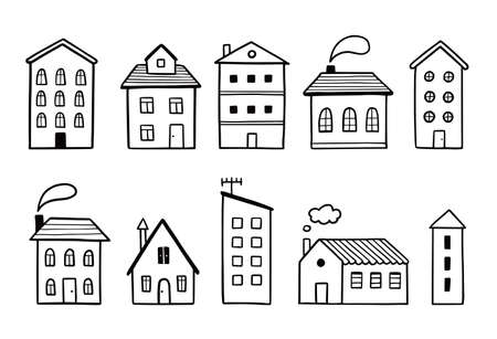 House doodle set. Hand drawn sketch style. House building with roof. Vector illustration for home icon, village, city element.のイラスト素材
