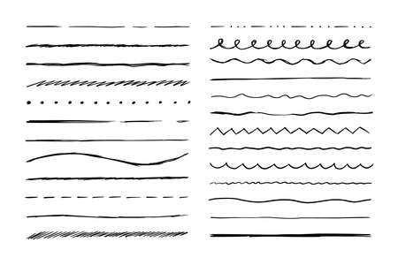 Hand drawn line set. Sketch scribble pencil stroke style. Horizontal wave and zigzag doodle line. Vector illustration for border, frame.のイラスト素材