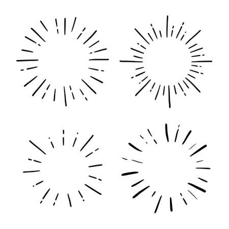 Doodle circle sunburst, sparkle ray set. Hand drawn sketch style. Shine frame symbol for badge. Vector illustration.のイラスト素材