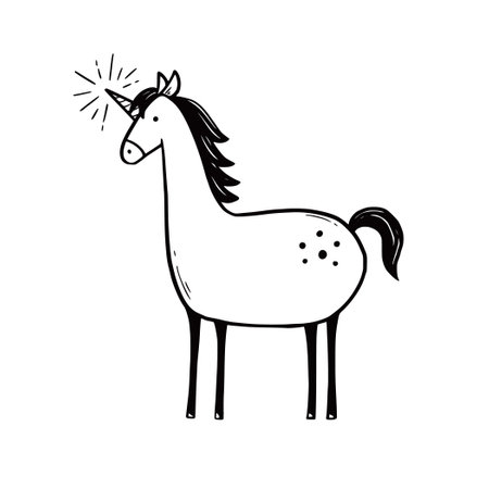 Doodle cute unicorn. Hand drawn sketch style. Simple black and white color unicorn vector illustration.のイラスト素材