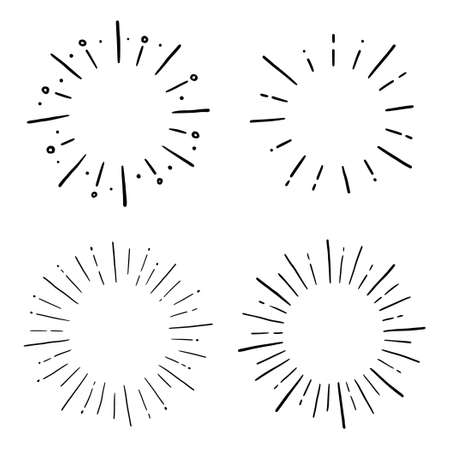 Doodle circle sunburst, sparkle ray set. Hand drawn sketch style. Shine frame symbol for badge. Vector illustration.のイラスト素材