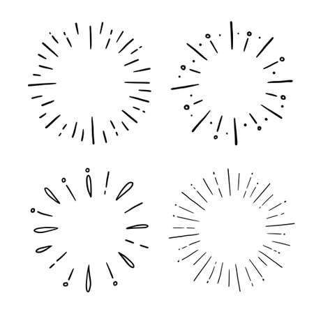 Doodle circle sunburst, sparkle ray set. Hand drawn sketch style. Shine frame symbol for badge. Vector illustration.のイラスト素材
