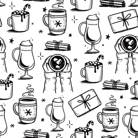 Christmas pattern with hot drink of winter coffee, tea, chocolate. Hand drawn doodle sketch style. Drink cup, mug with winter scarf. Vector illustration.のイラスト素材