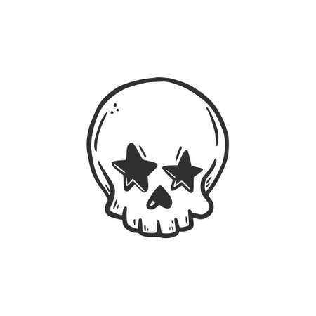 Hand drawn skull head with star eyes. Doodle sketch style. Drawing line simple skull icon. Isolated vector illustration.のイラスト素材
