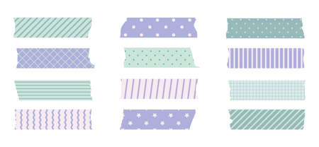 Washi masking tape set. Cute scotch paper sticker for scrapbook. Tape set of japanese style with ribbon, dot decorative element.のイラスト素材