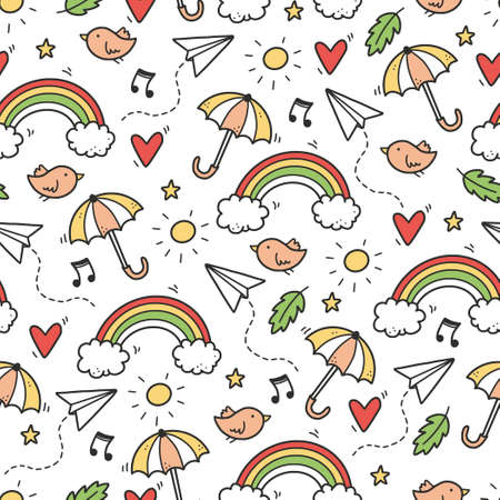 Cute seamless doodle pattern with cloud, rainbow, umbrella, sun, star element. Hand drawn line children style. Doodle background vector illustration.のイラスト素材