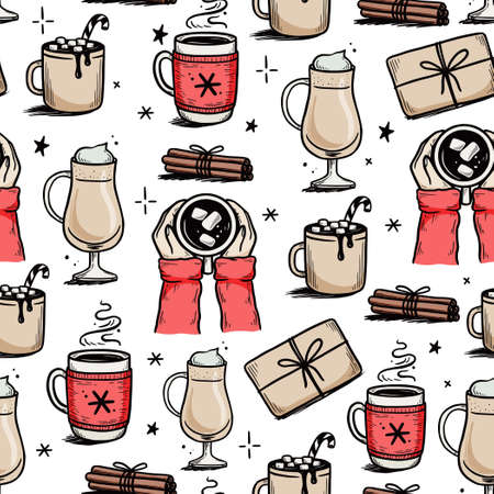 Christmas pattern with hot drink of winter coffee, tea, chocolate. Hand drawn doodle sketch style. Drink cup, mug with winter scarf. Vector illustration.のイラスト素材