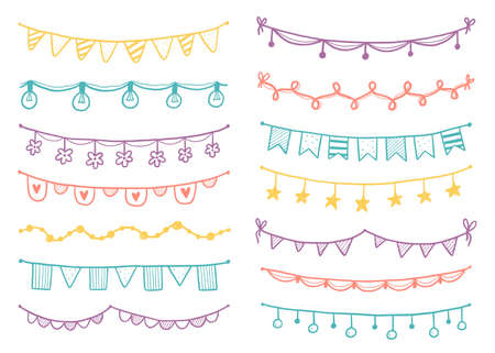 Party garland set with flag, bunting, pennant. Hand drawn sketch doodle style garland. Vector illustration for birthday, festival, carnival drawn decoration.のイラスト素材