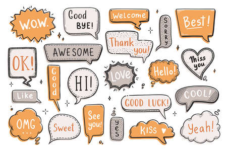 Comic speech bubble set with dialog word hi, ok, bye, welcome. Hand drawn sketch doodle style. Vector illustration speech bubble chat, message element.のイラスト素材