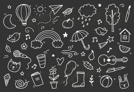 Cute chalkboard doodle with cloud, rainbow, sun, animal element. Hand drawn line children style. Doodle background vector illustration.のイラスト素材