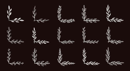 Corner flourish border set on black chalkboard. Hand drawn doodle style corner with rustic floral element. Vector illustration border.のイラスト素材