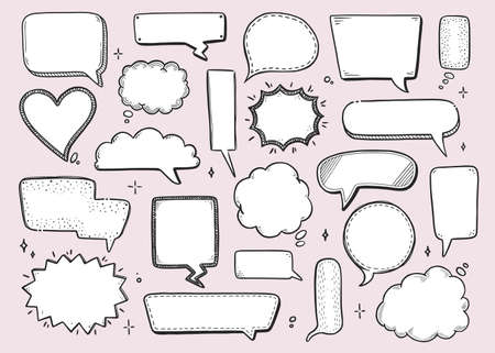 Comic speech bubble set with round, star, cloud shape. Hand drawn sketch doodle style. Vector illustration speech bubble chat, message element for quote text.のイラスト素材
