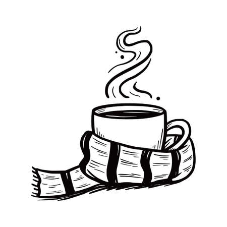 Hot winter drink cup with scarf. Warm coffee, tea, chocolate. Hand drawn sketch style. Drink christmas mug. Vector illustration.のイラスト素材