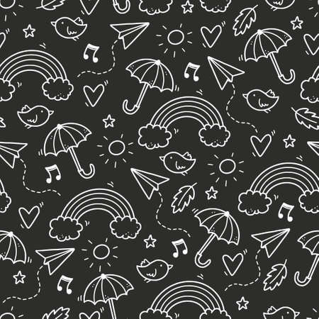 Cute seamless doodle pattern with cloud, rainbow, umbrella, sun, star element. Hand drawn line children style. Doodle chalkboard background vector illustration.のイラスト素材