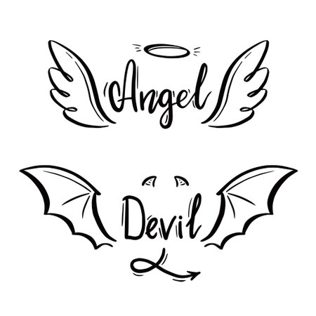 Angel and devil stylized vector illustration. Angel with wing, halo. Devil with wing and tail. Hand drawn line sketch style.のイラスト素材