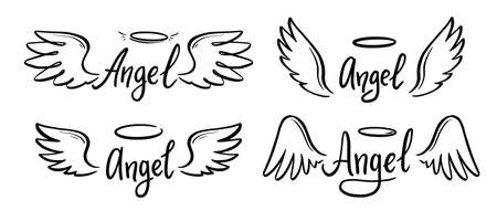 Angel wing with halo and angel lettering text set. Hand drawn line sketch style wing. Simple vector illustration.のイラスト素材