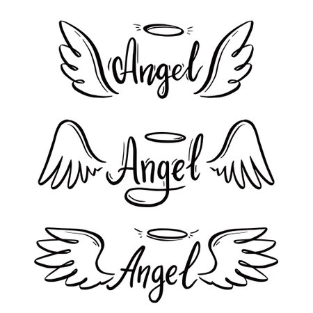 Angel wing with halo and angel lettering text set. Hand drawn line sketch style wing. Simple vector illustration.のイラスト素材