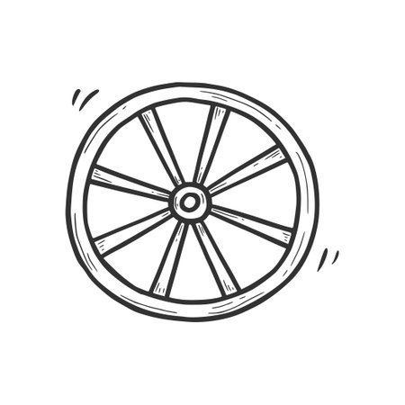 Hand drawn old wagon wheel element. Comic doodle sketch style. Wood wheel for cowboy, western concept icon. Isolated vector illustration.のイラスト素材