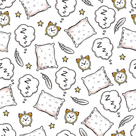 Sleep, bed time seamless pattern. Zzz, dream time kids background. Hand drawn sketch doodle style. Alarm, pillow, zzz element. Vector illustration.のイラスト素材