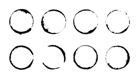 Coffee stain ring set. Vector illustration. Drink stain stamp with round shape and splash element. Coffee cup bottom circle effect.のイラスト素材