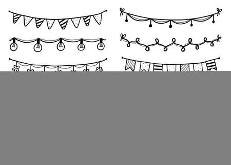 Party garland set with flag, bunting, pennant. Hand drawn sketch doodle style garland. Vector illustration for birthday, festival, carnival drawn decoration.のイラスト素材