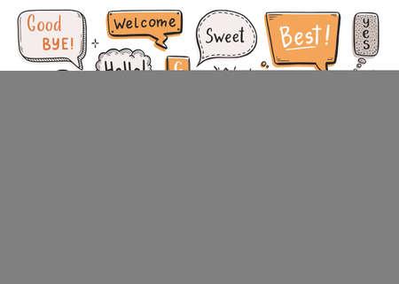 Comic speech bubble set with dialog word hi, ok, bye, welcome. Hand drawn sketch doodle style. Vector illustration speech bubble chat, message element.のイラスト素材