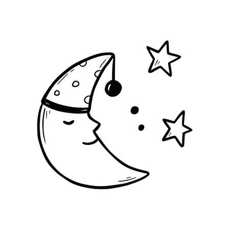 Hand drawn cute sleep moon with smile face. Doodle sketch style. Drawing line simple moon, star icon. Isolated vector illustration.のイラスト素材