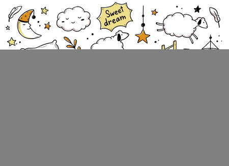 Sleep, relax time, dream night doodle set. Concept comfort night sleep time. Hand drawn sketch style. Moon, cat, star, lamp element. Vector illustration on white background.のイラスト素材