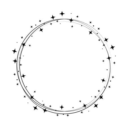 Sparkle star circle frame. Wreath round stardust border for party, birthday decor design. Laurel frame with, cosmic glitter shine. Isolated black flat vector illustration.のイラスト素材
