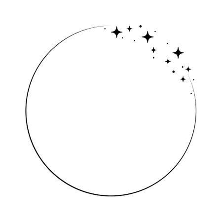 Sparkle star circle frame. Wreath round stardust border for party, birthday decor design. Laurel frame with, cosmic glitter shine. Isolated black flat vector illustration.のイラスト素材