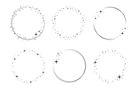 Sparkle star circle frame set. Wreath ring stardust border for party, birthday decor design. Laurel frame with, cosmic glitter shine. Isolated black flat vector illustration.のイラスト素材