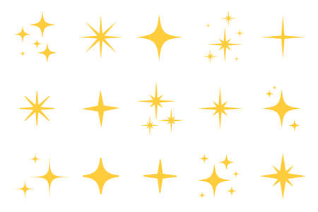 Flash sparkle flat star icon set. Twinkle star silhouette for gold sparkle, yellow glitter light, magic shiny flare effect. Isolated vector illustration.のイラスト素材
