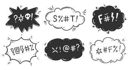 Swear word speech bubble set. Curse, rude, swear word for angry, bad, negative expression. Hand drawn doodle sketch style. Vector illustration.のイラスト素材
