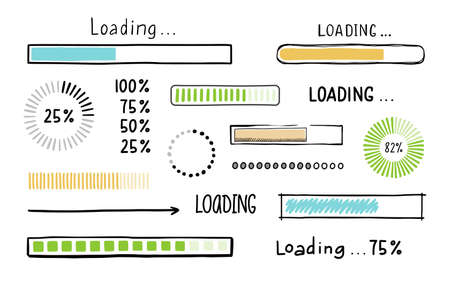 Loading bar doodle element set. Hand drawn line sketch style. Slow download speed, progress status, internet load bar concept. Isolated vector illustration.のイラスト素材