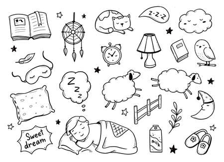 Sleep, relax time, dream night doodle set. Concept comfort night sleep time. Hand drawn sketch style. Moon, cat, star, lamp element. Vector illustration on white background.のイラスト素材